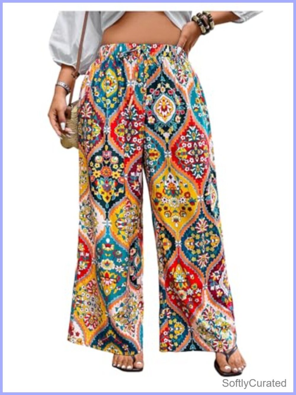Plus Size Boho Floral Wide Leg Palazzo Pants Drawstring Waist Vacation